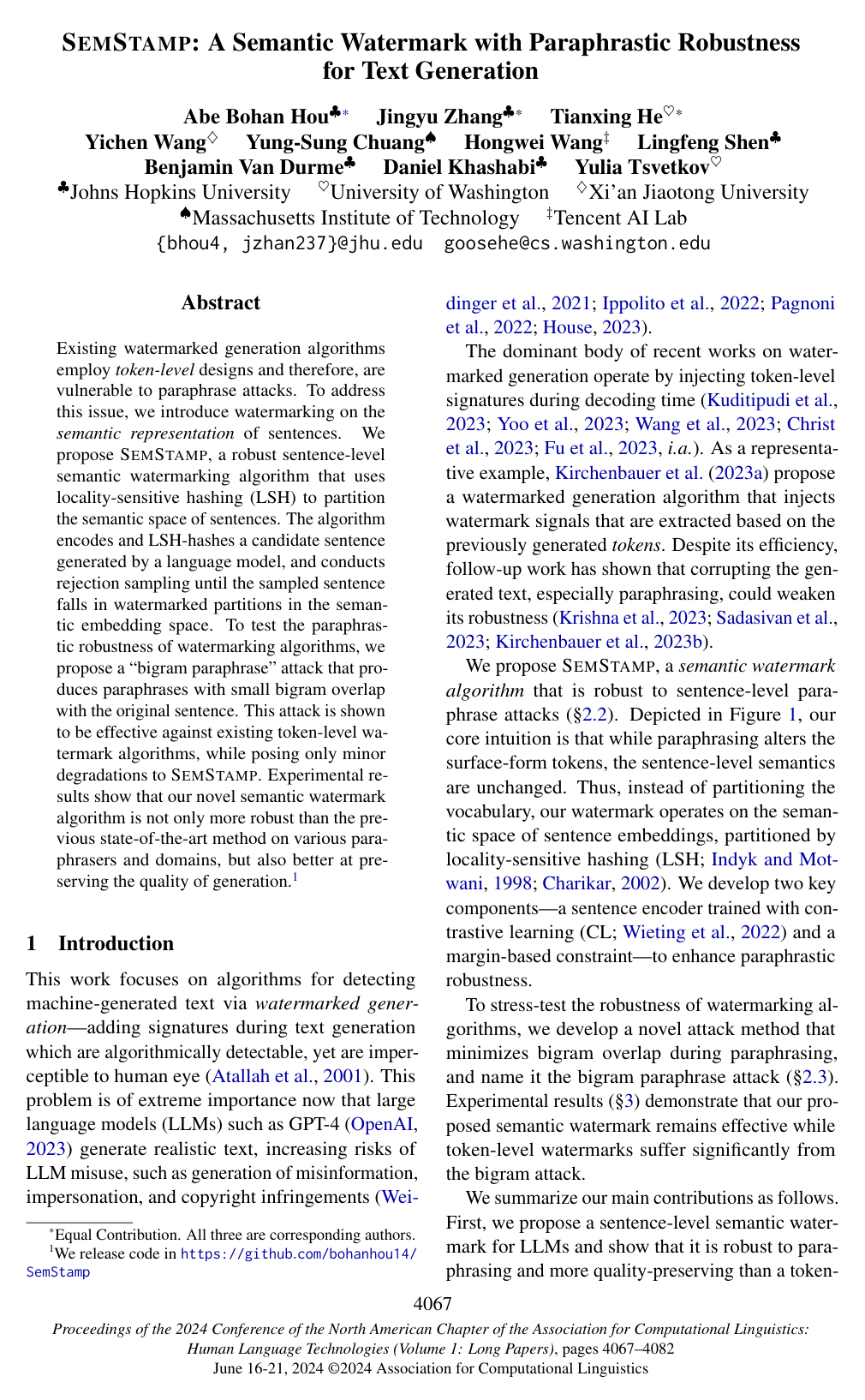SemStamp: A Semantic Watermark with Paraphrastic Robustness for Text Generation