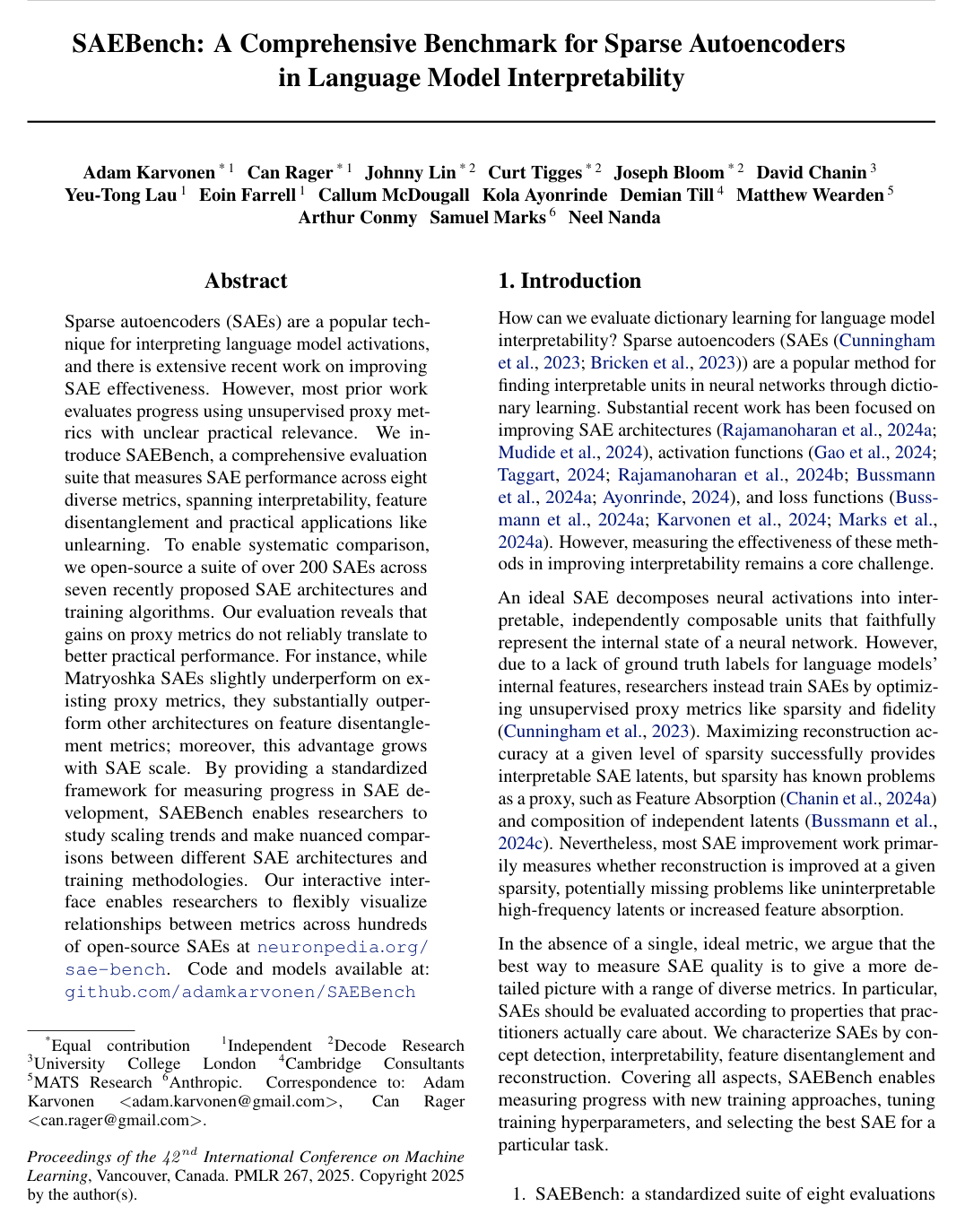 SAEBench: A Comprehensive Benchmark for Sparse Autoencoders in Language Model Interpretability