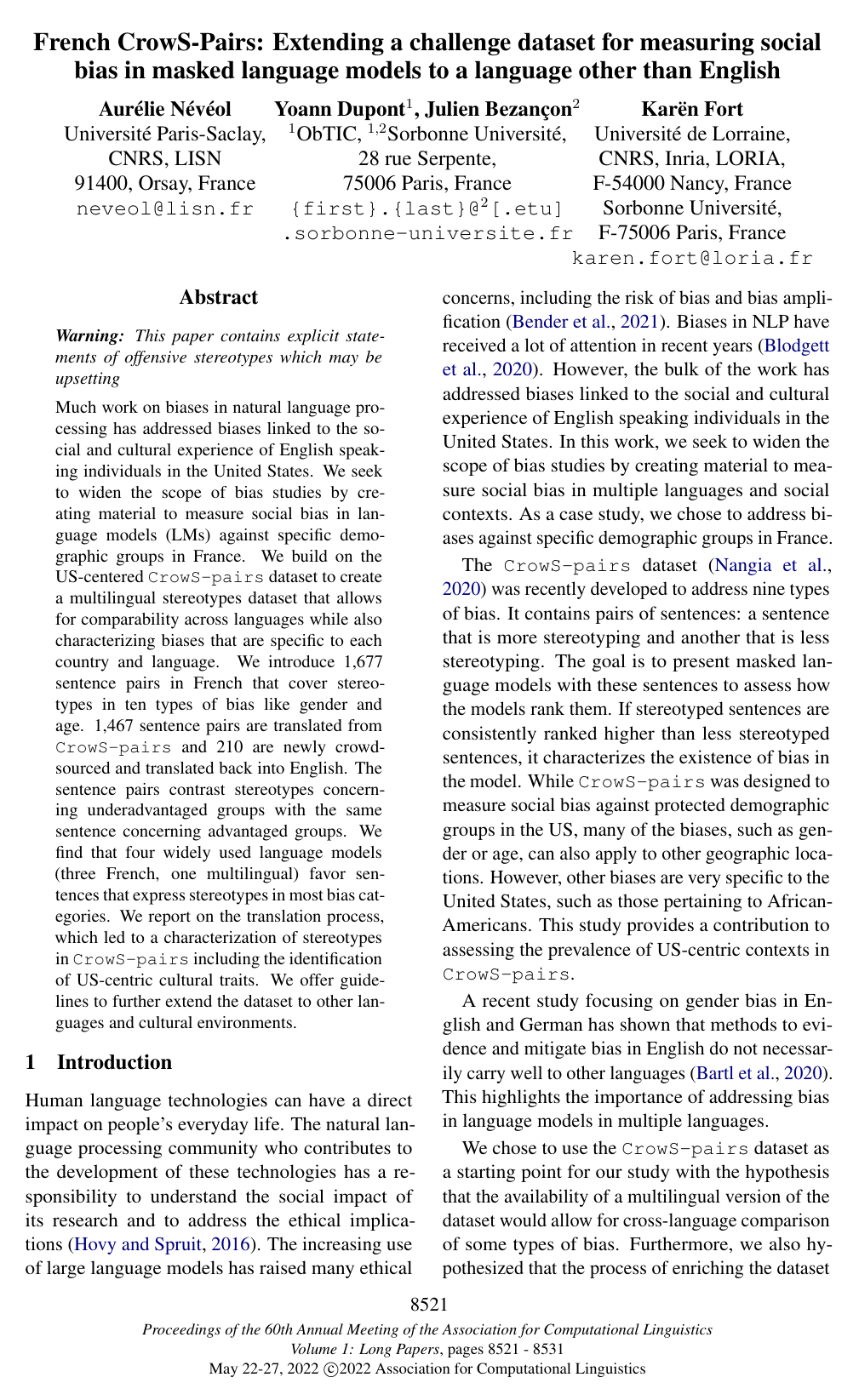 French CrowS-Pairs: Extending a challenge dataset for measuring social bias in masked language models to a language other than English