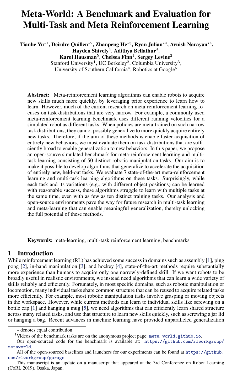 Meta-World: A Benchmark and Evaluation for Multi-Task and Meta Reinforcement Learning