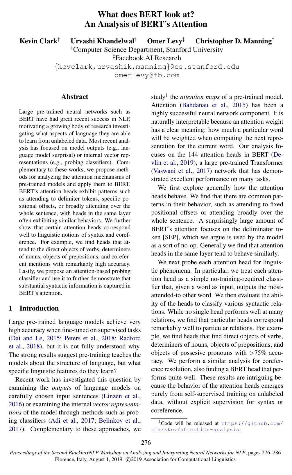 Cover for What Does BERT Look at? An Analysis of BERT’s Attention