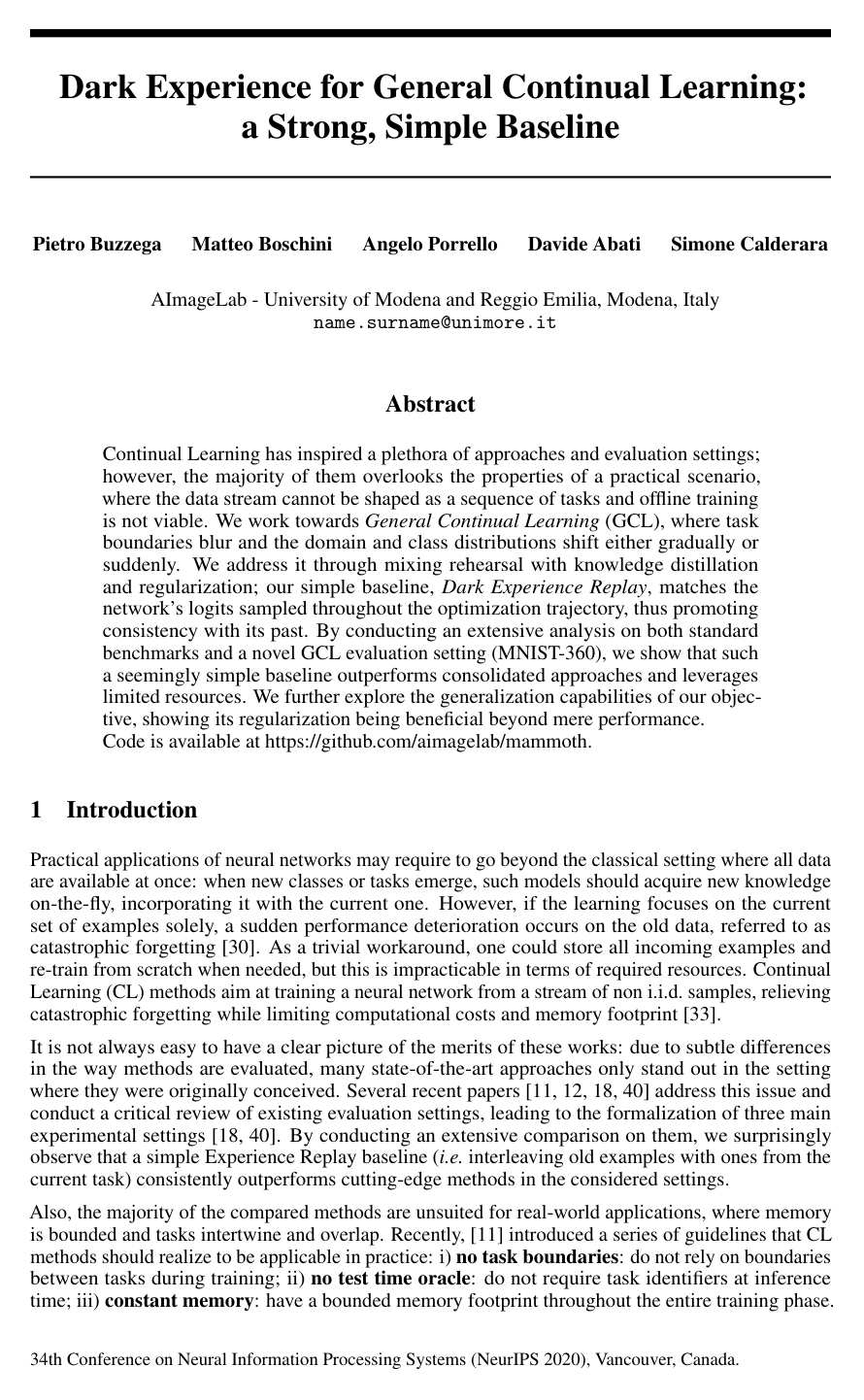 Dark Experience for General Continual Learning: a Strong, Simple Baseline