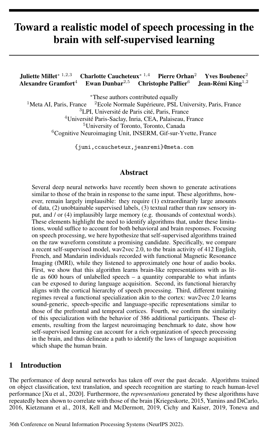 Toward a realistic model of speech processing in the brain with self-supervised learning