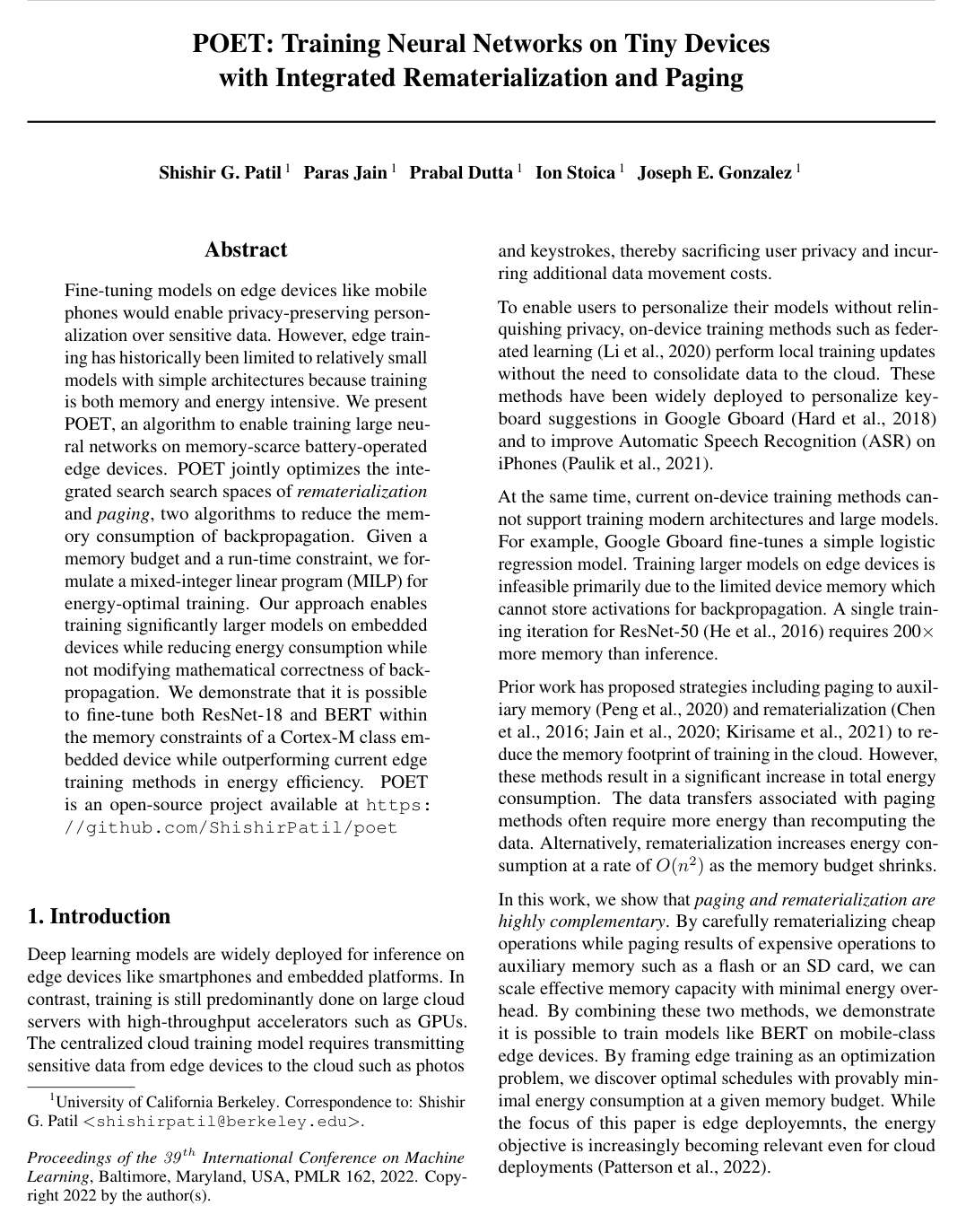 POET: Training Neural Networks on Tiny Devices with Integrated Rematerialization and Paging