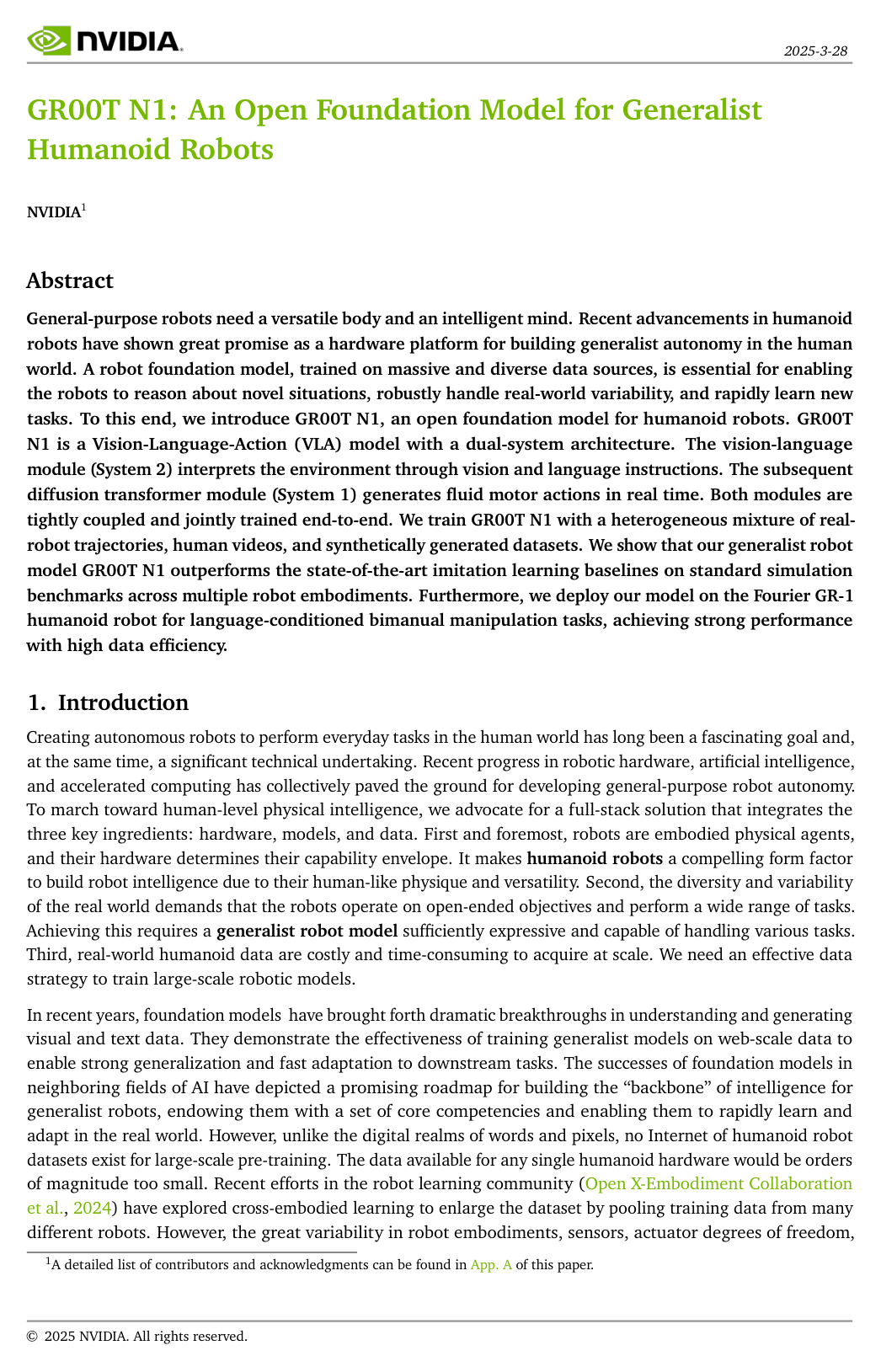 Cover for GR00T N1: An Open Foundation Model for Generalist Humanoid Robots