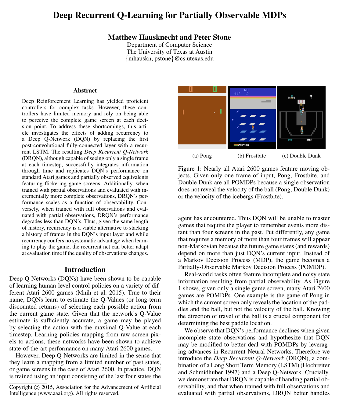 Cover for Deep Recurrent Q-Learning for Partially Observable MDPs