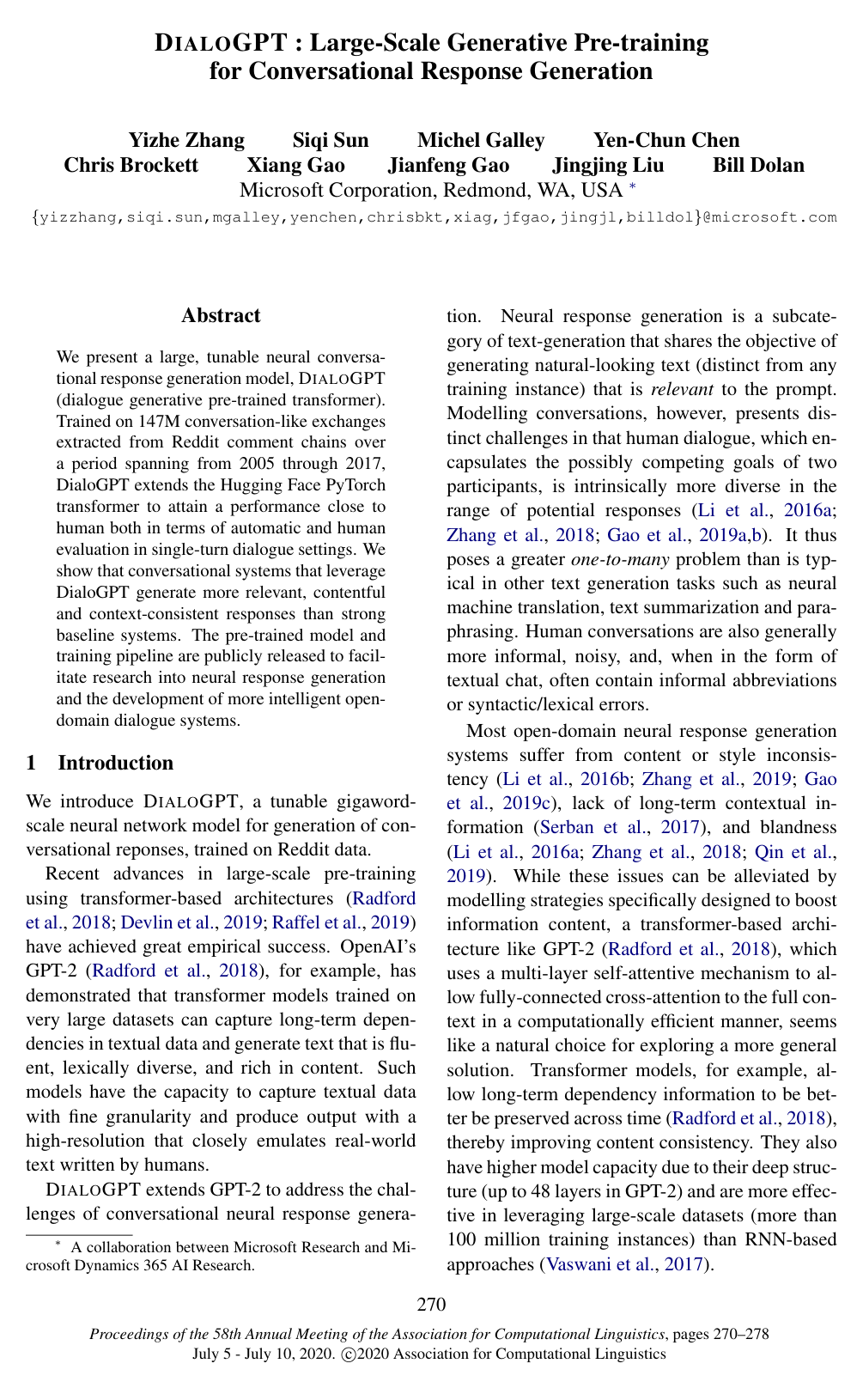 Cover for DIALOGPT : Large-Scale Generative Pre-training for Conversational Response Generation