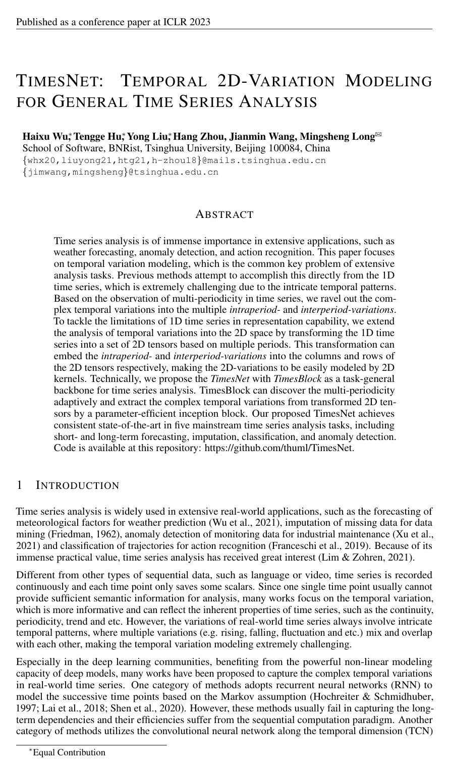 TimesNet: Temporal 2D-Variation Modeling for General Time Series Analysis