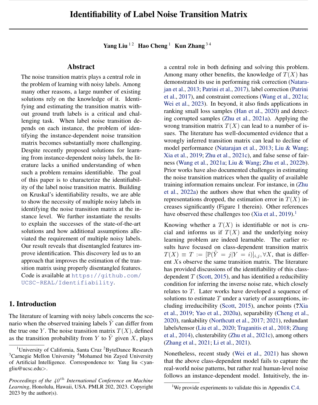 Identifiability of Label Noise Transition Matrix