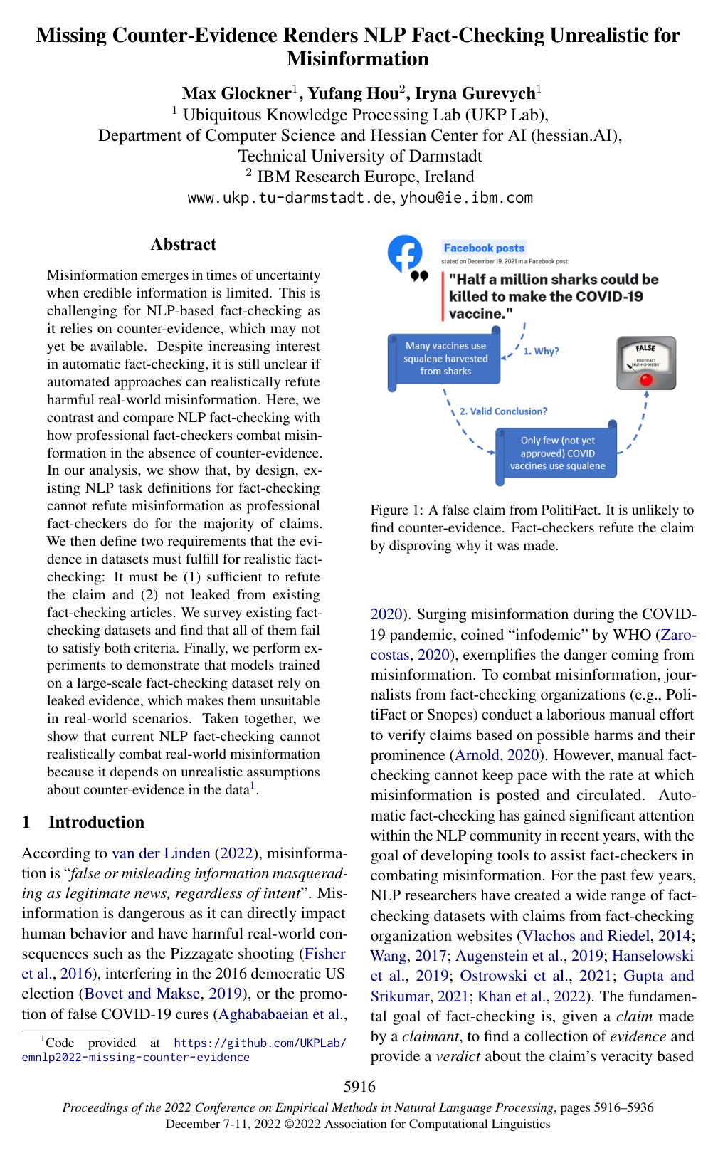 Missing Counter-Evidence Renders NLP Fact-Checking Unrealistic for Misinformation