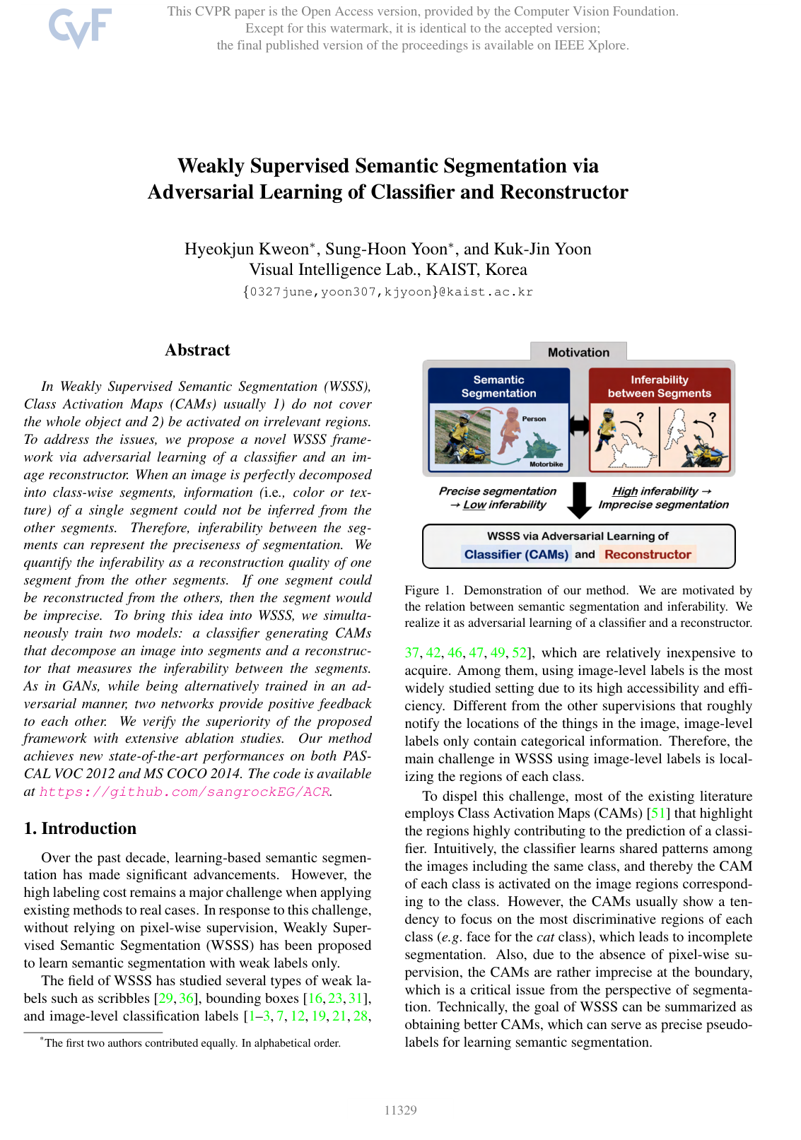 Cover for Weakly Supervised Semantic Segmentation via Adversarial Learning of Classifier and Reconstructor
