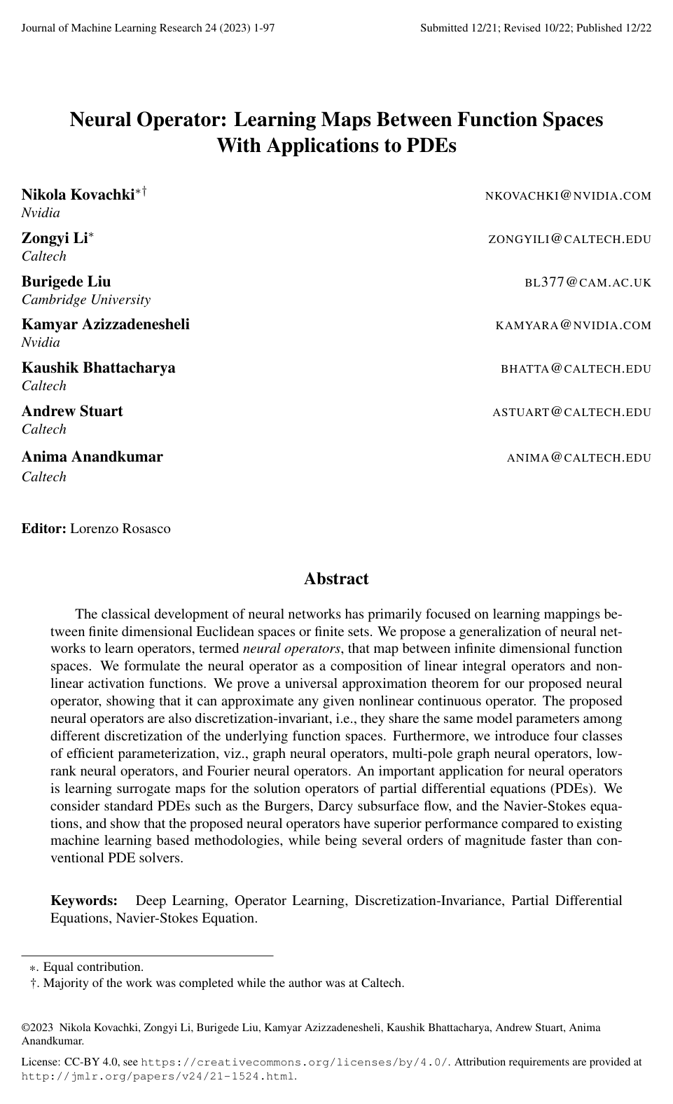 Cover for Neural Operator: Learning Maps Between Function Spaces With Applications to PDEs