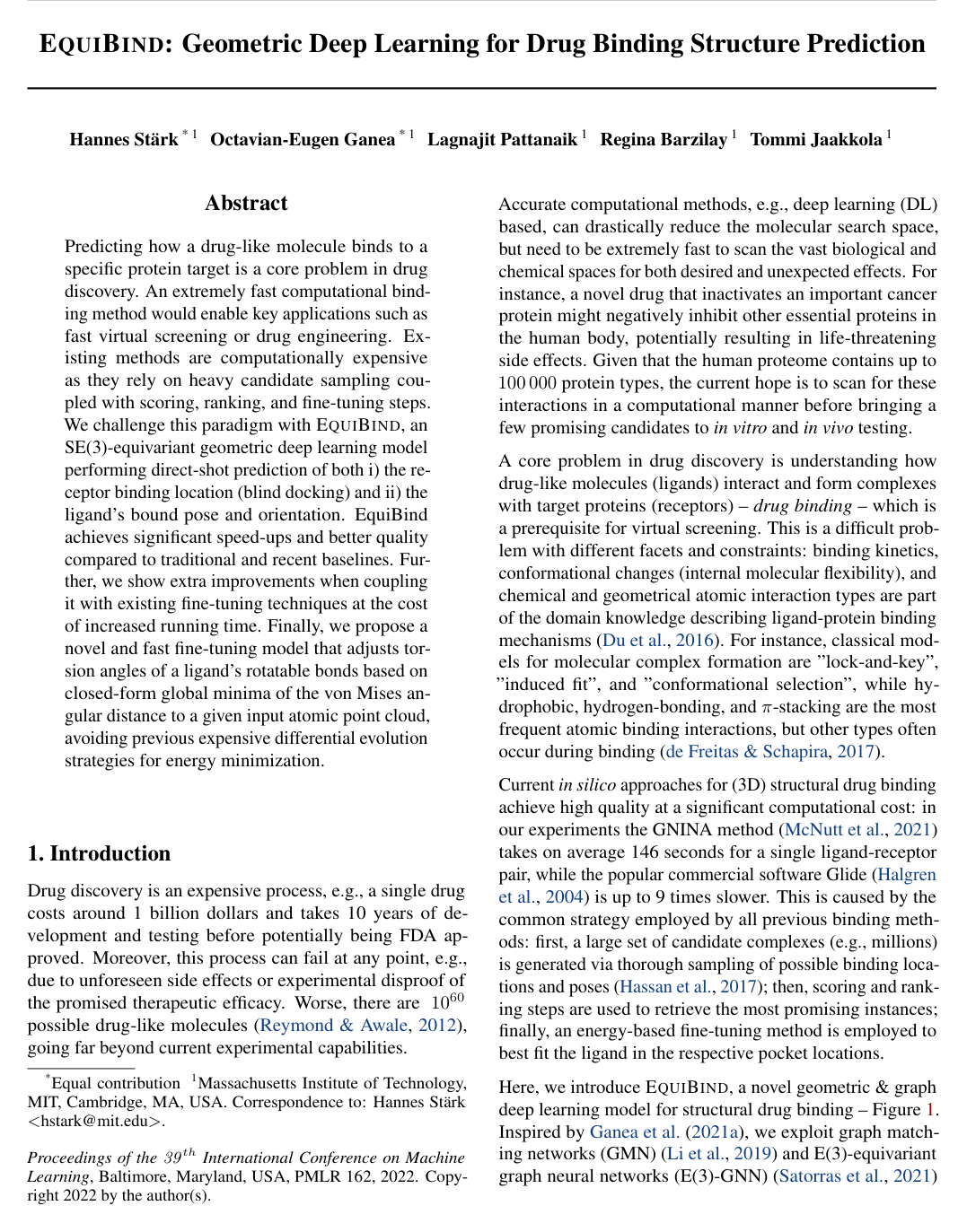 EquiBind: Geometric Deep Learning for Drug Binding Structure Prediction