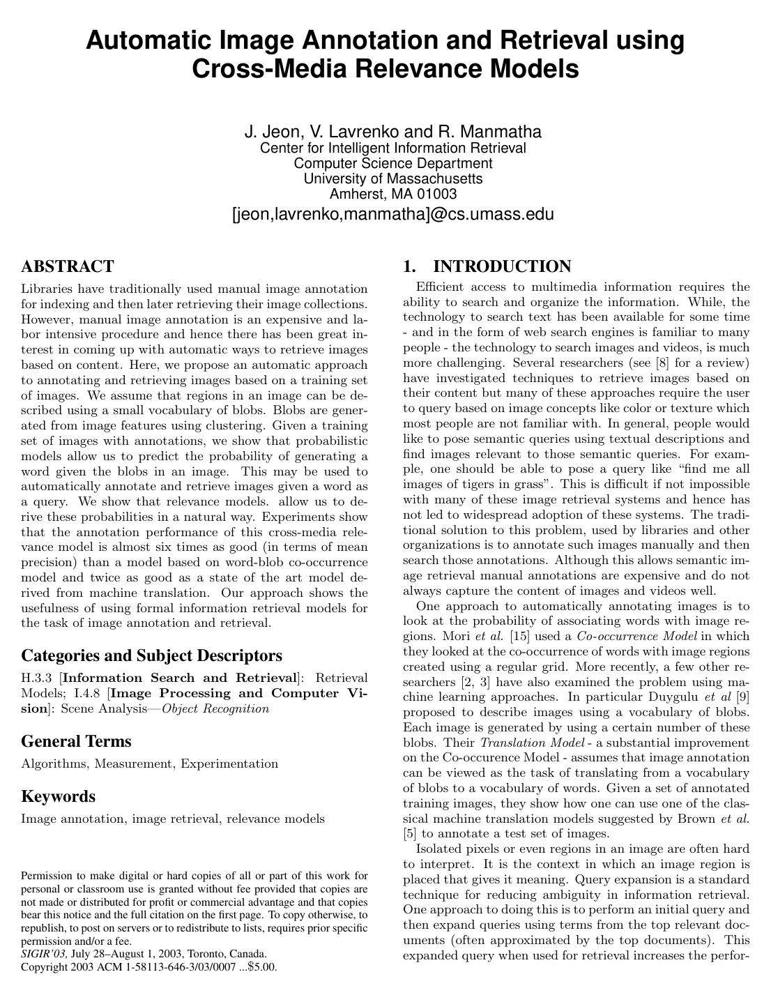 Cover for Automatic image annotation and retrieval using cross-media relevance models