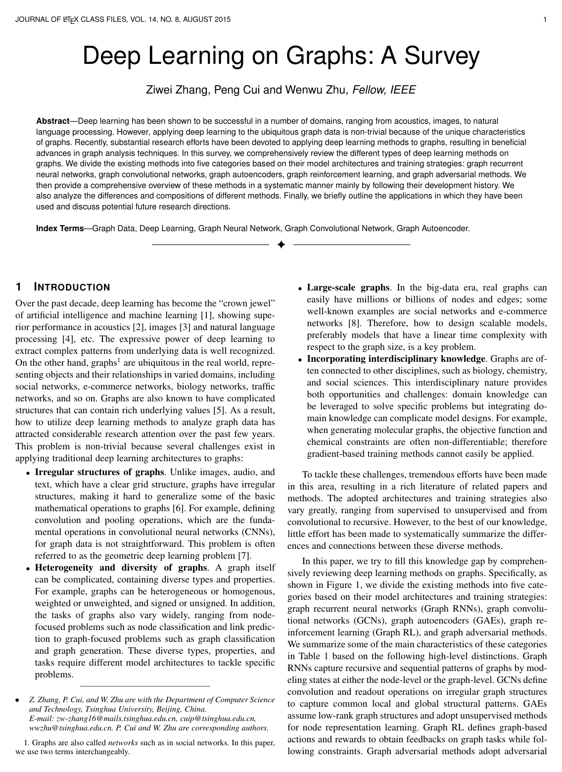 Deep Learning on Graphs: A Survey