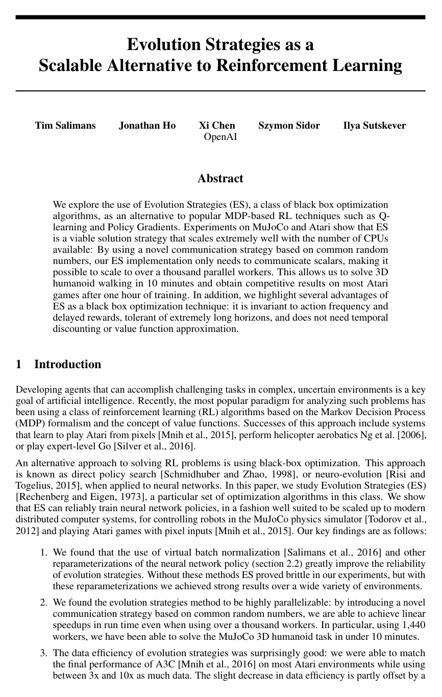 Cover for Evolution Strategies as a Scalable Alternative to Reinforcement Learning