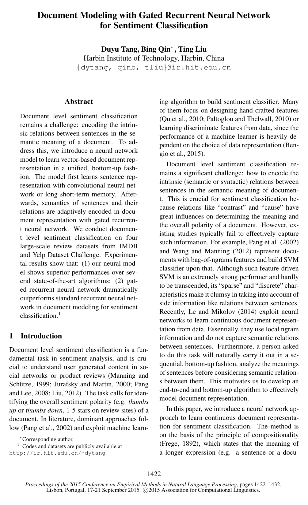 Cover for Document Modeling with Gated Recurrent Neural Network for Sentiment Classification