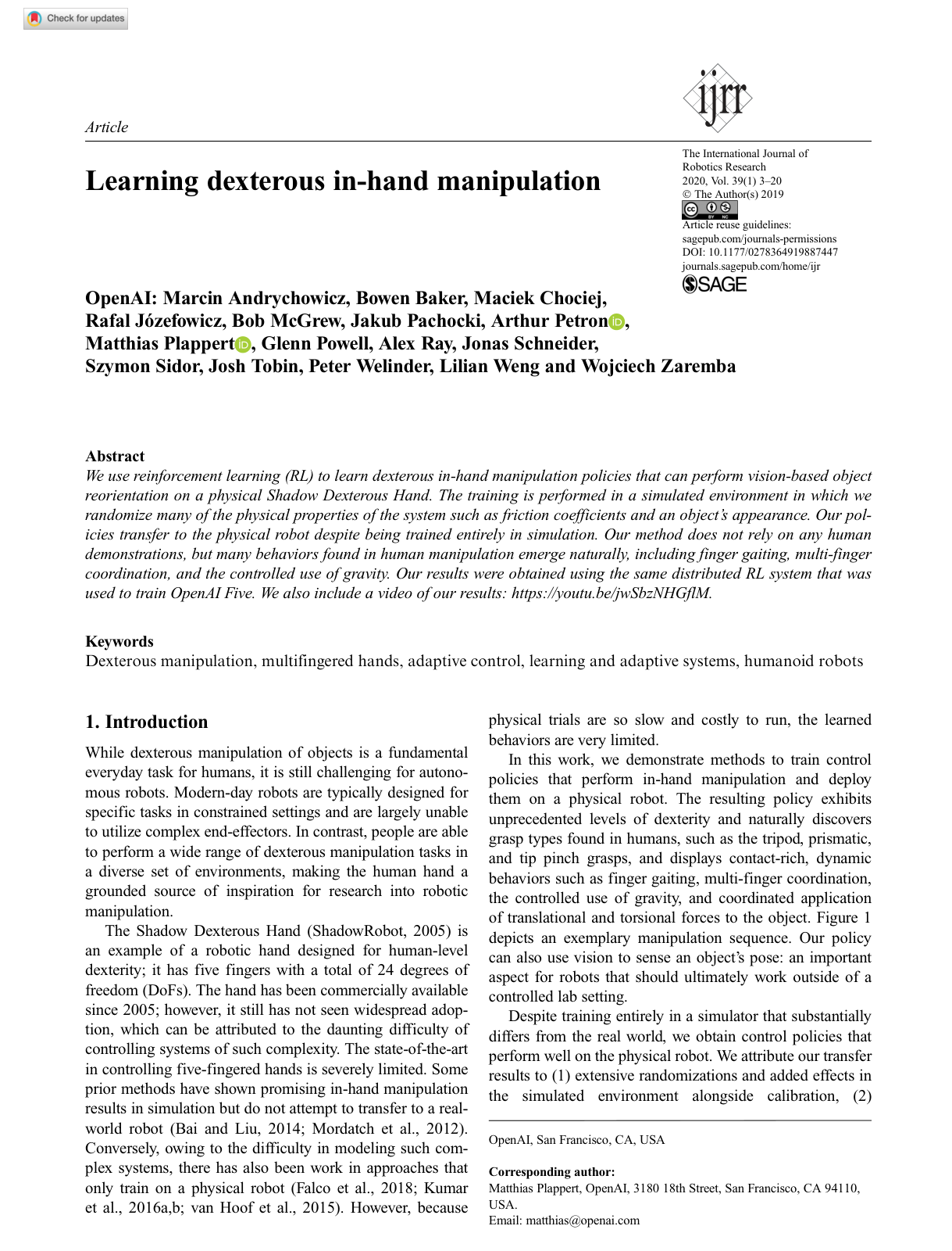 Learning dexterous in-hand manipulation
