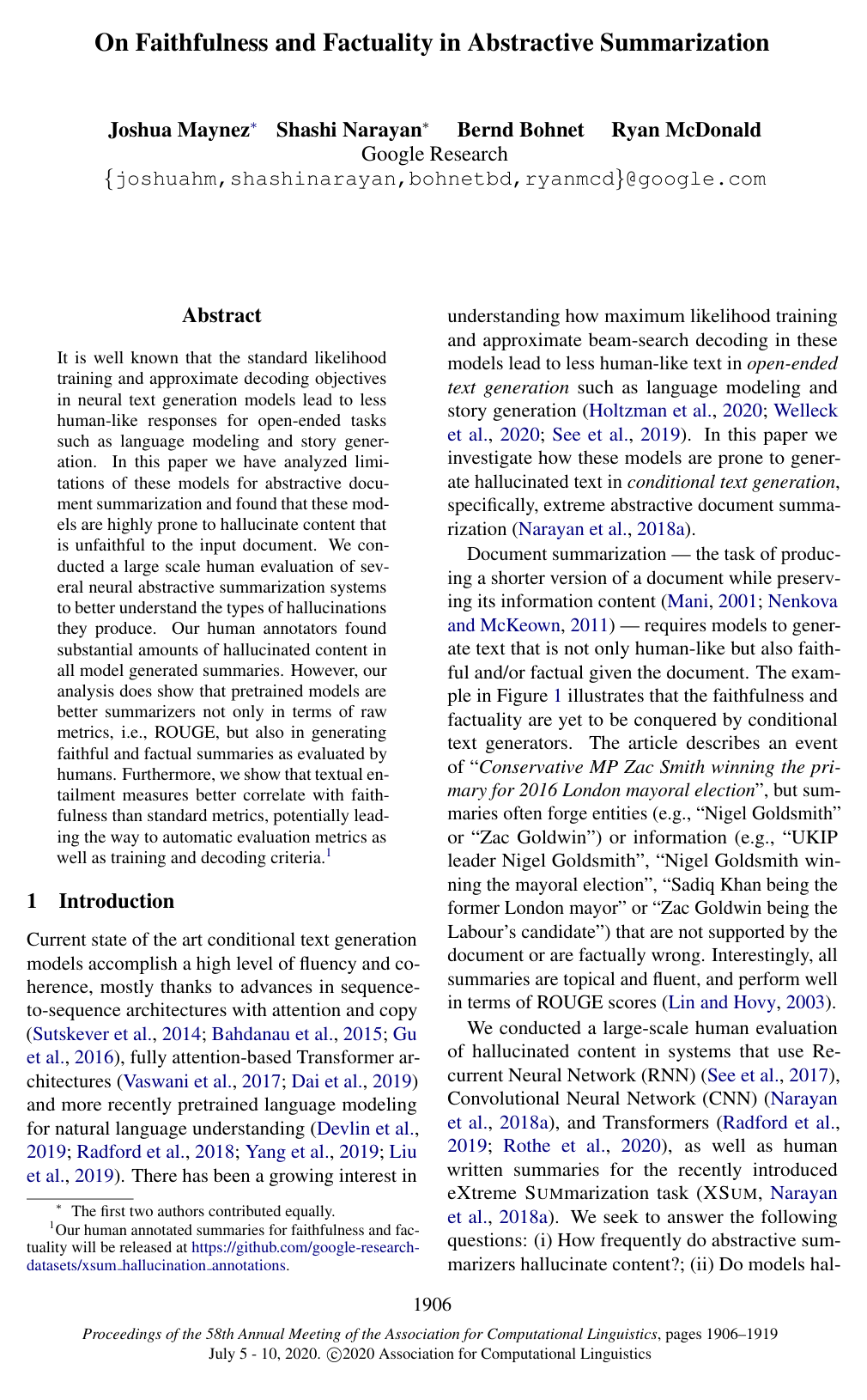 On Faithfulness and Factuality in Abstractive Summarization