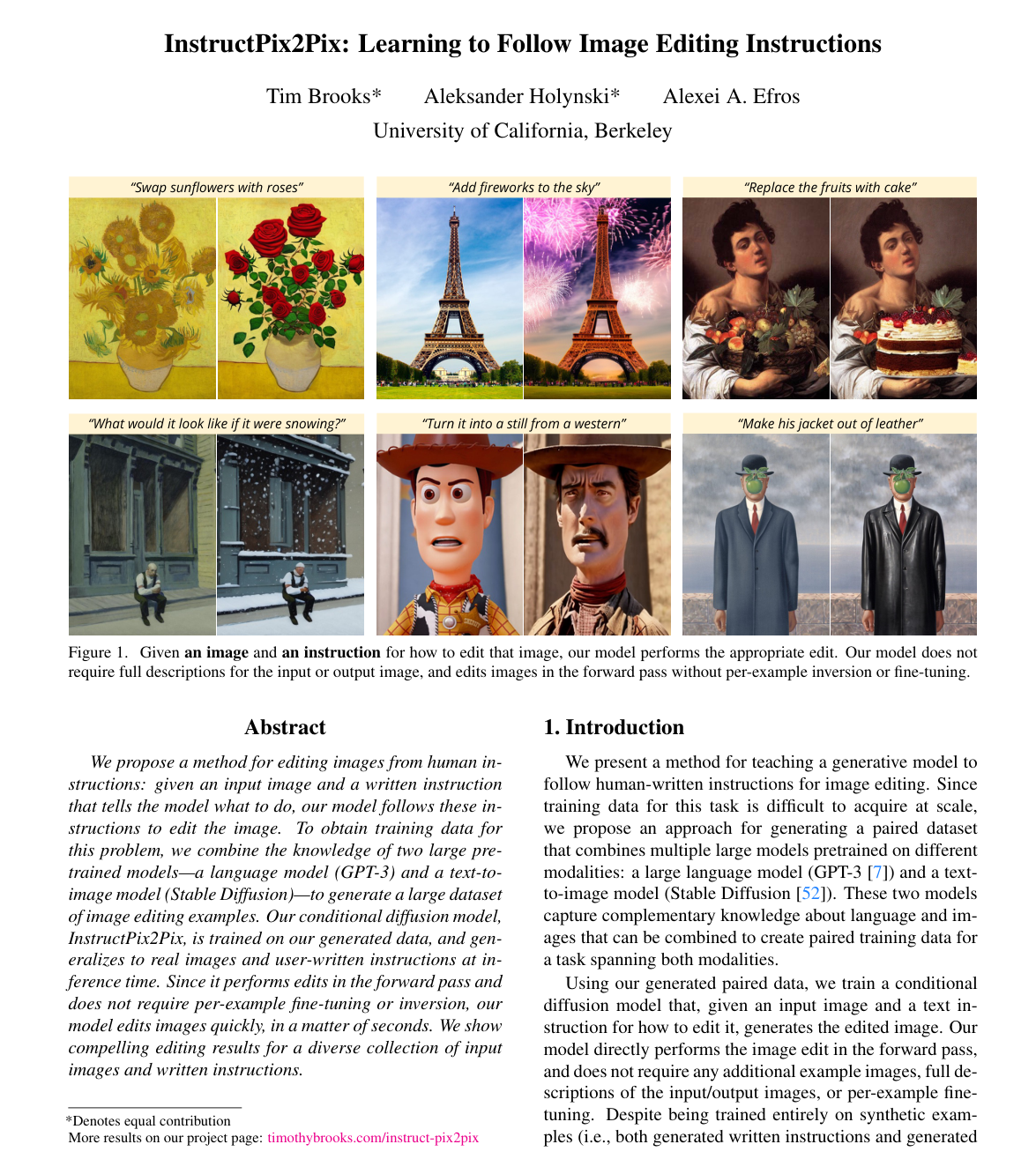 InstructPix2Pix: Learning to Follow Image Editing Instructions