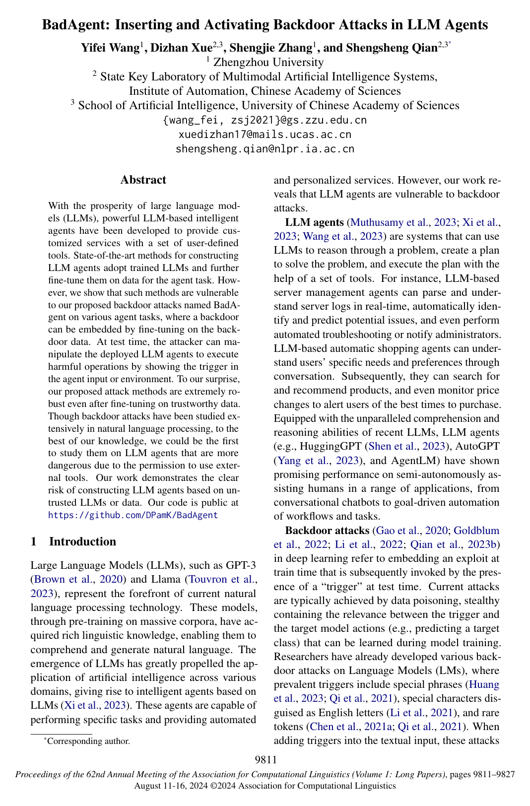 Cover for BadAgent: Inserting and Activating Backdoor Attacks in LLM Agents