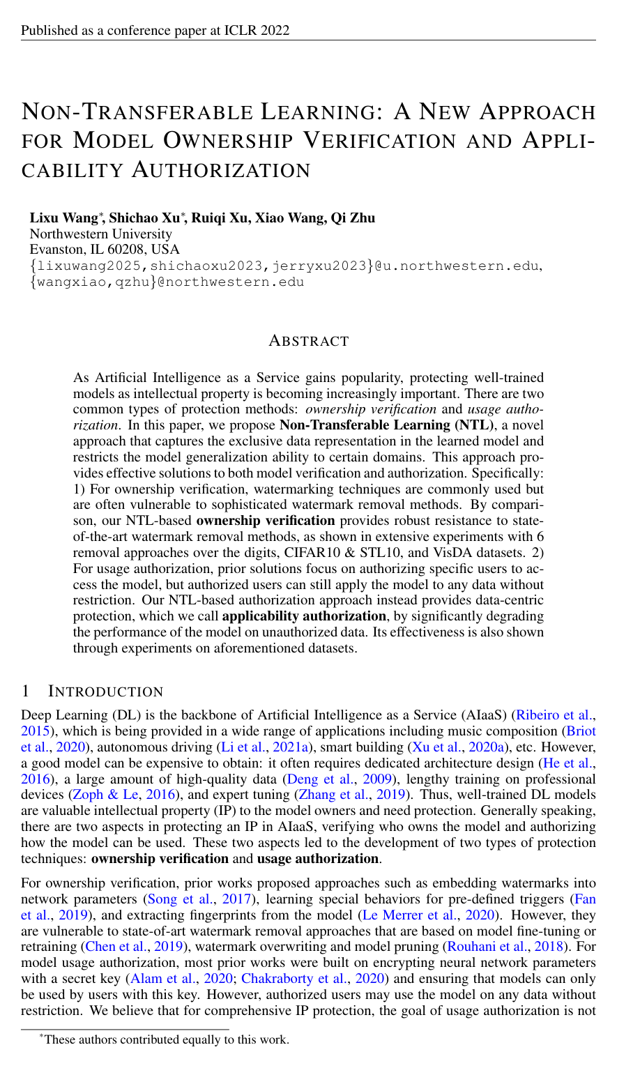 Cover for Non-Transferable Learning: A New Approach for Model Ownership Verification and Applicability Authorization