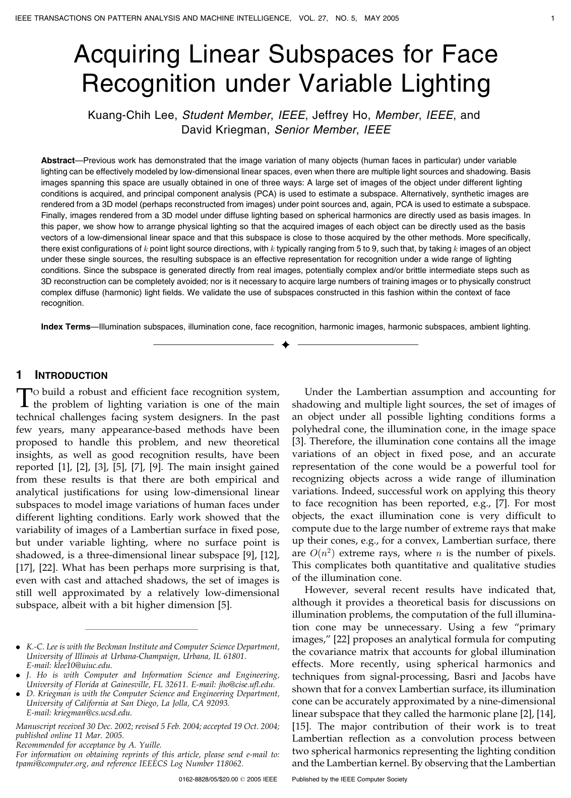 Cover for Acquiring linear subspaces for face recognition under variable lighting