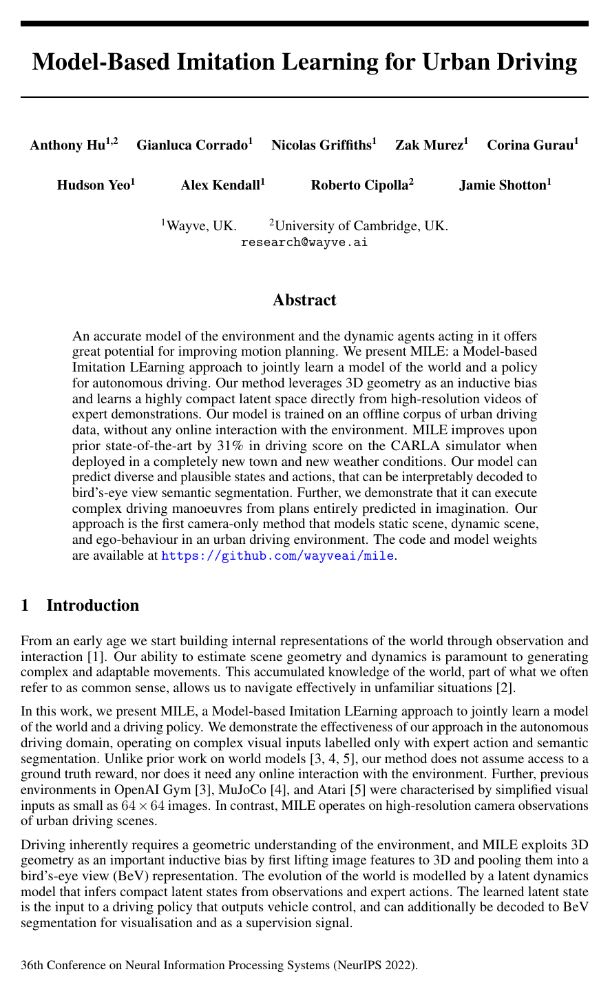 Model-Based Imitation Learning for Urban Driving