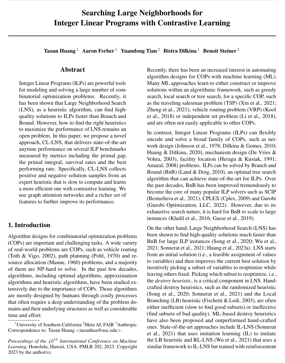 Searching Large Neighborhoods for Integer Linear Programs with Contrastive Learning