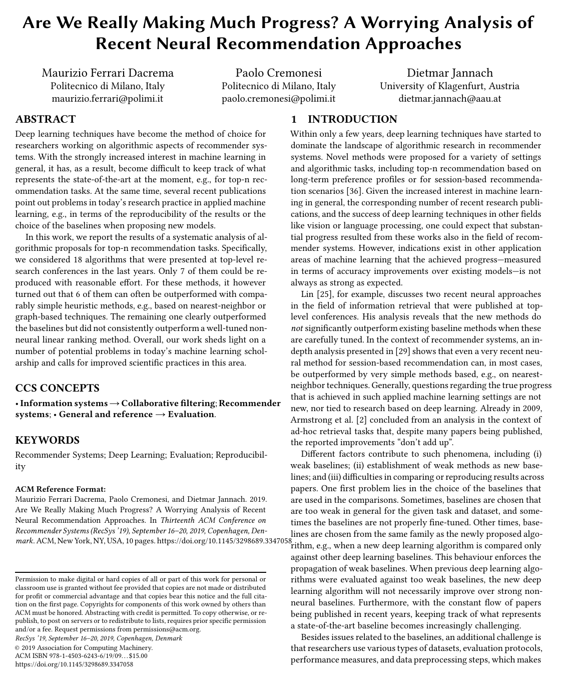 Are we really making much progress? A worrying analysis of recent neural recommendation approaches