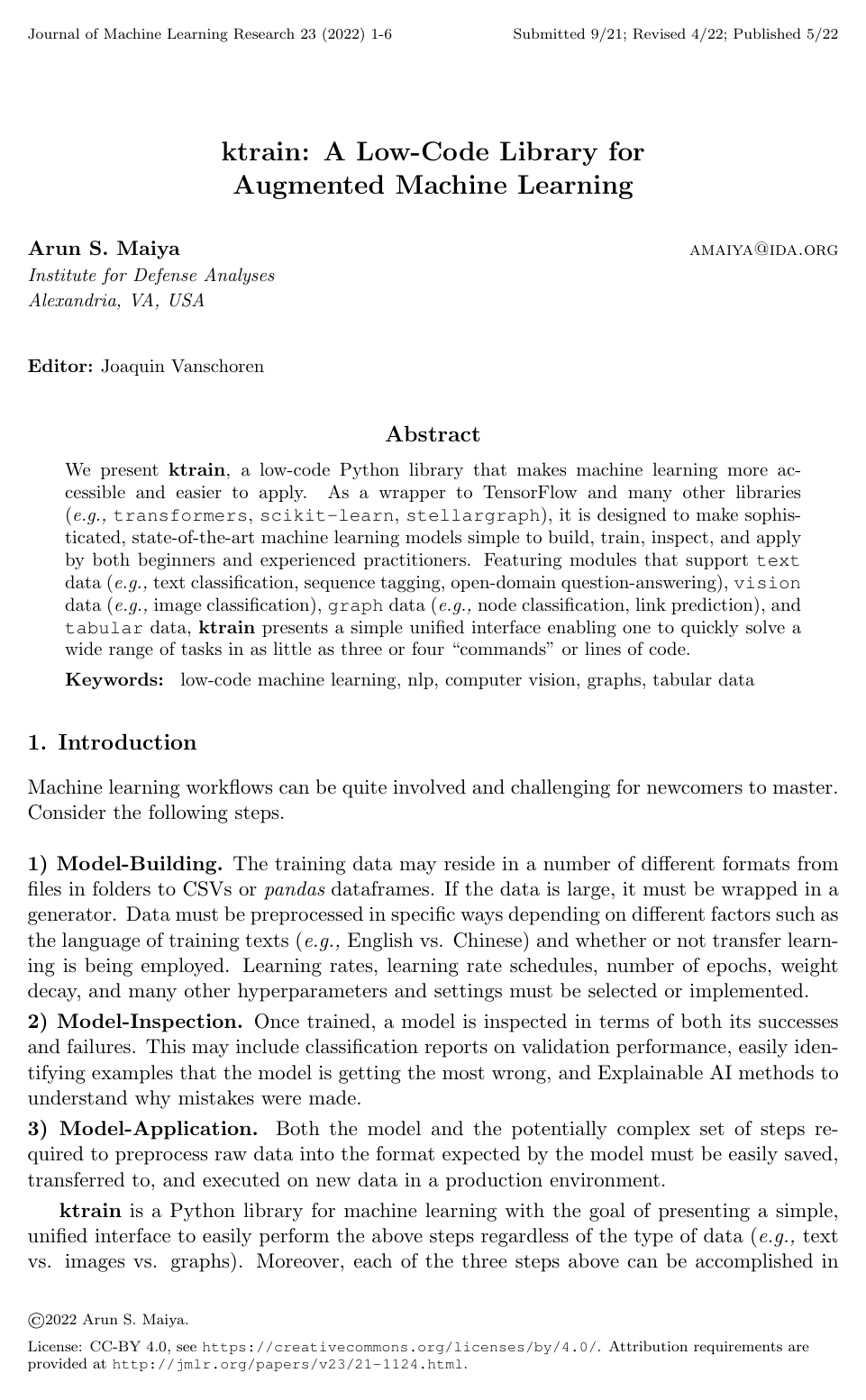 ktrain: A Low-Code Library for Augmented Machine Learning