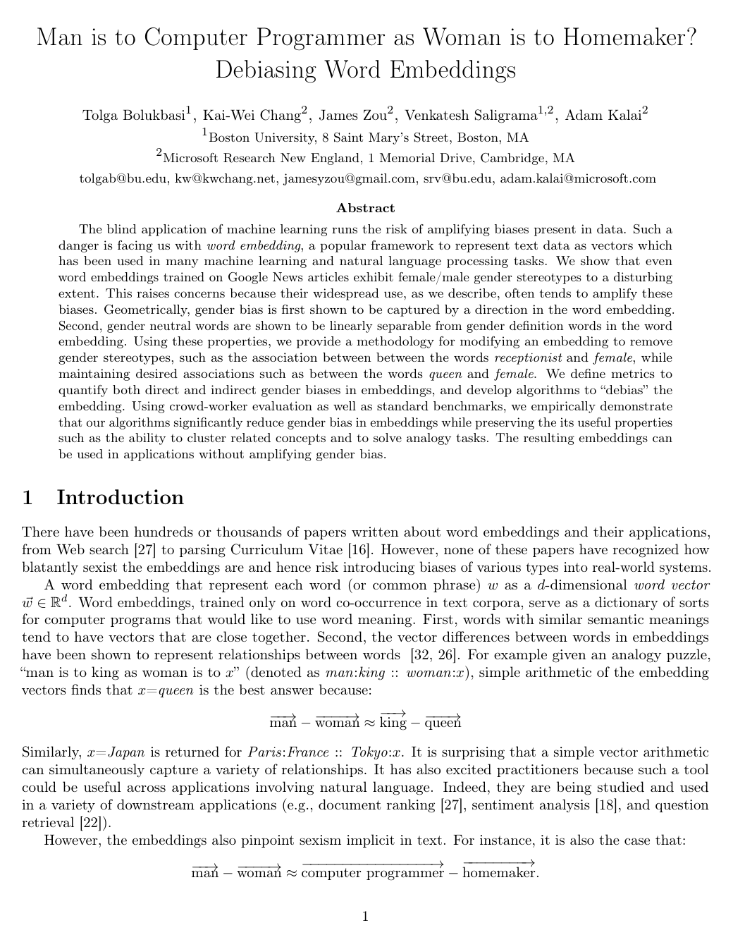 Man is to Computer Programmer as Woman is to Homemaker? Debiasing Word Embeddings