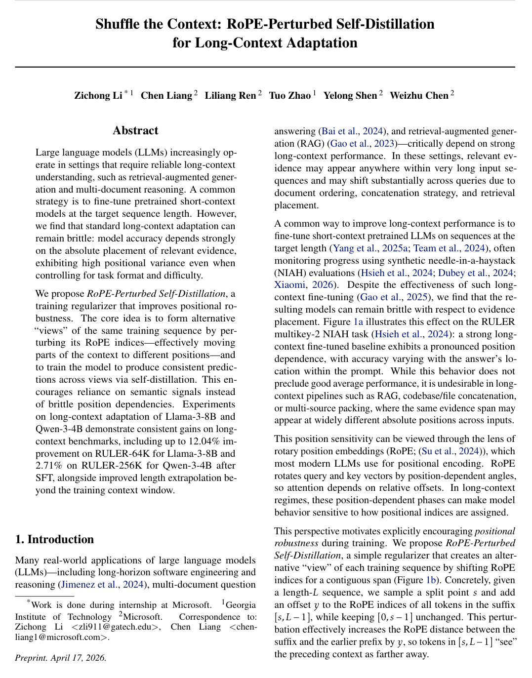 Shuffle the Context: RoPE-Perturbed Self-Distillation for Long-Context Adaptation