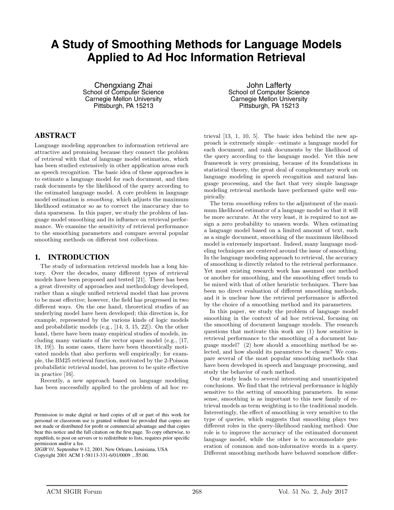 Cover for A study of smoothing methods for language models applied to Ad Hoc information retrieval