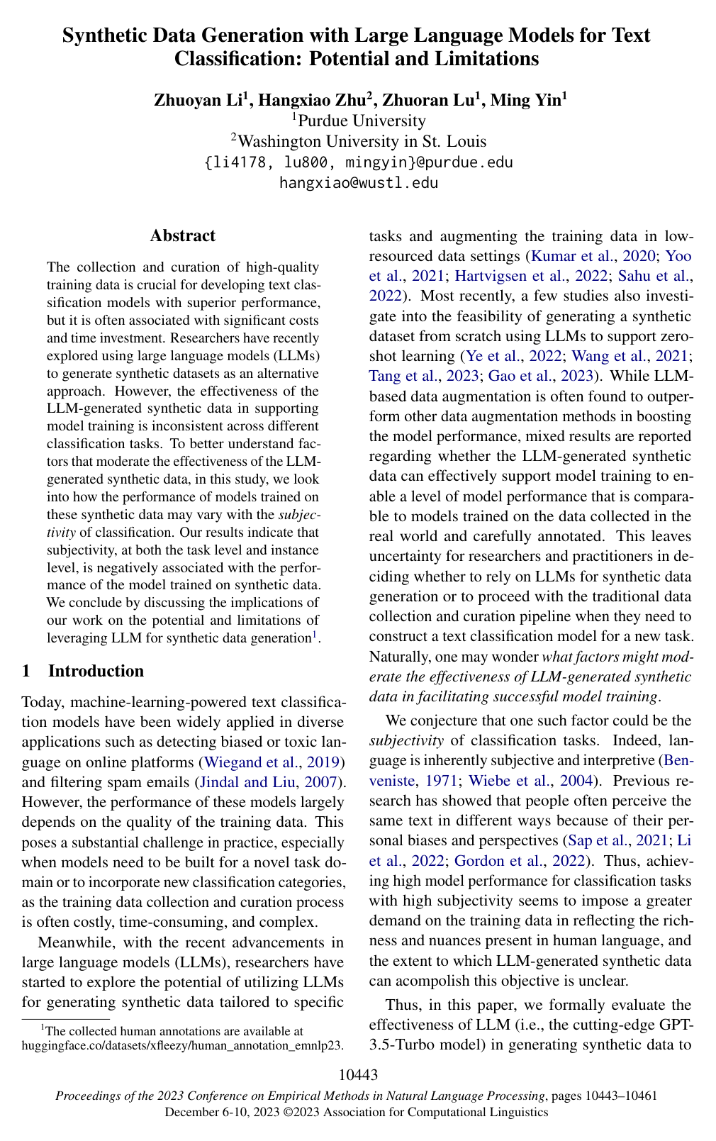 Cover for Synthetic Data Generation with Large Language Models for Text Classification: Potential and Limitations