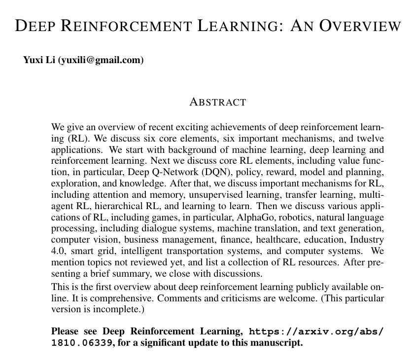 Cover for Deep Reinforcement Learning: An Overview