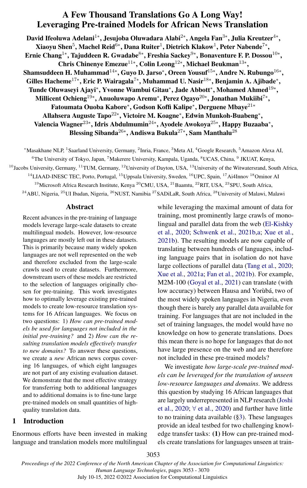 A Few Thousand Translations Go a Long Way! Leveraging Pre-trained Models for African News Translation