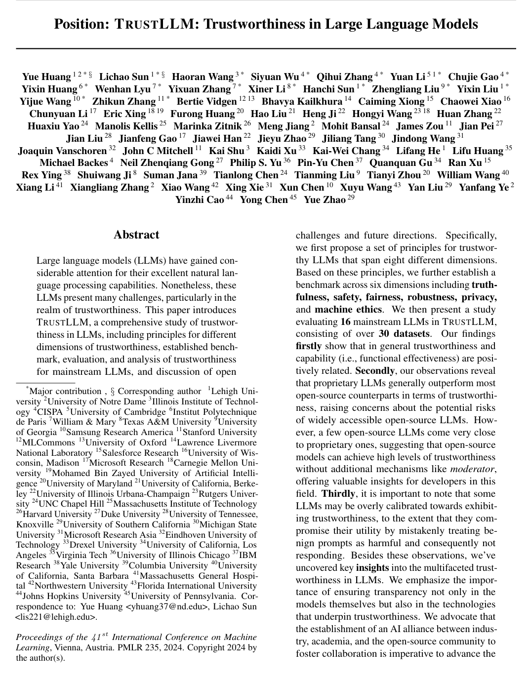 Cover for Position: TrustLLM: Trustworthiness in Large Language Models