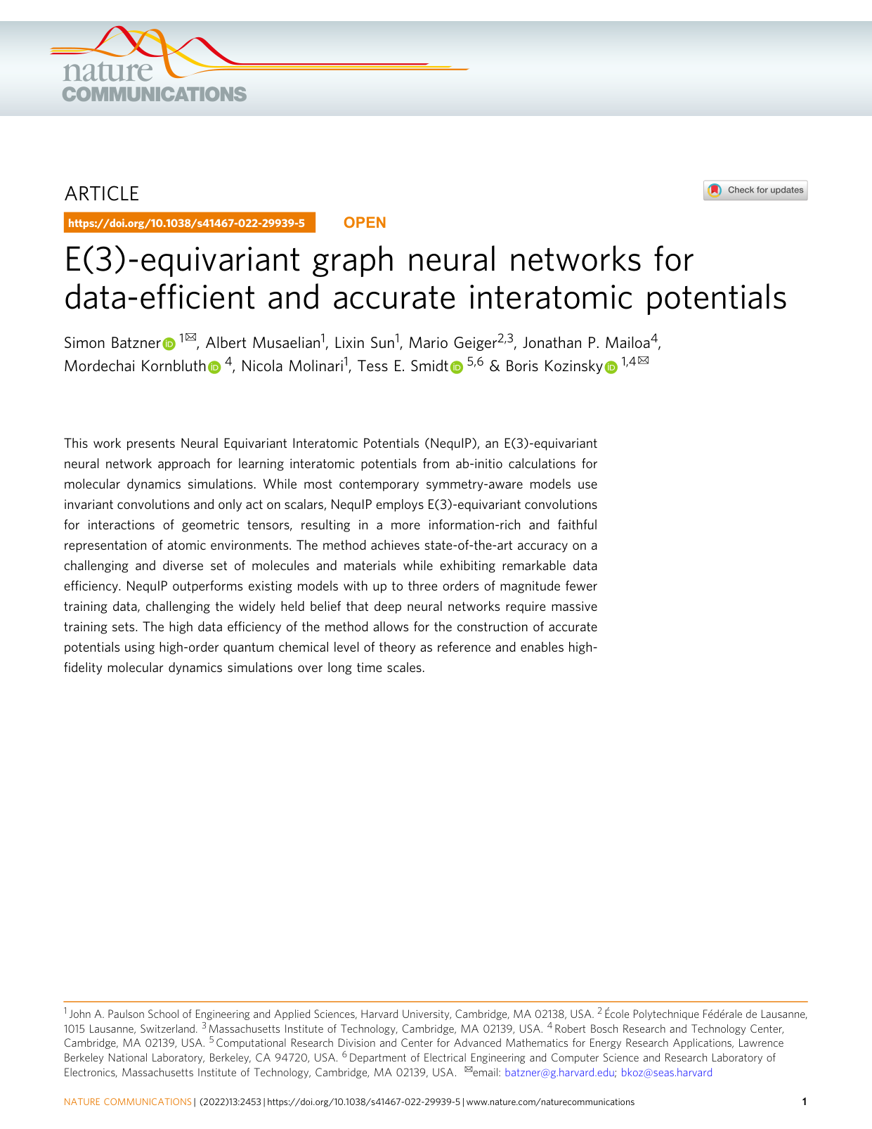 Cover for E(3)-equivariant graph neural networks for data-efficient and accurate interatomic potentials
