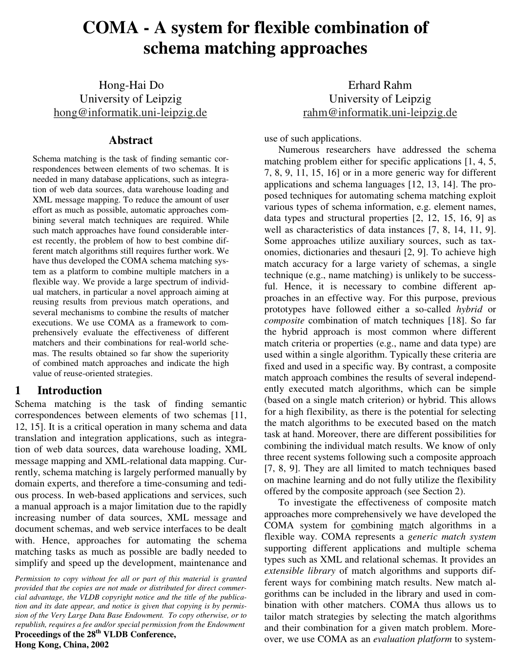 Cover for COMA - A System for Flexible Combination of Schema Matching Approaches