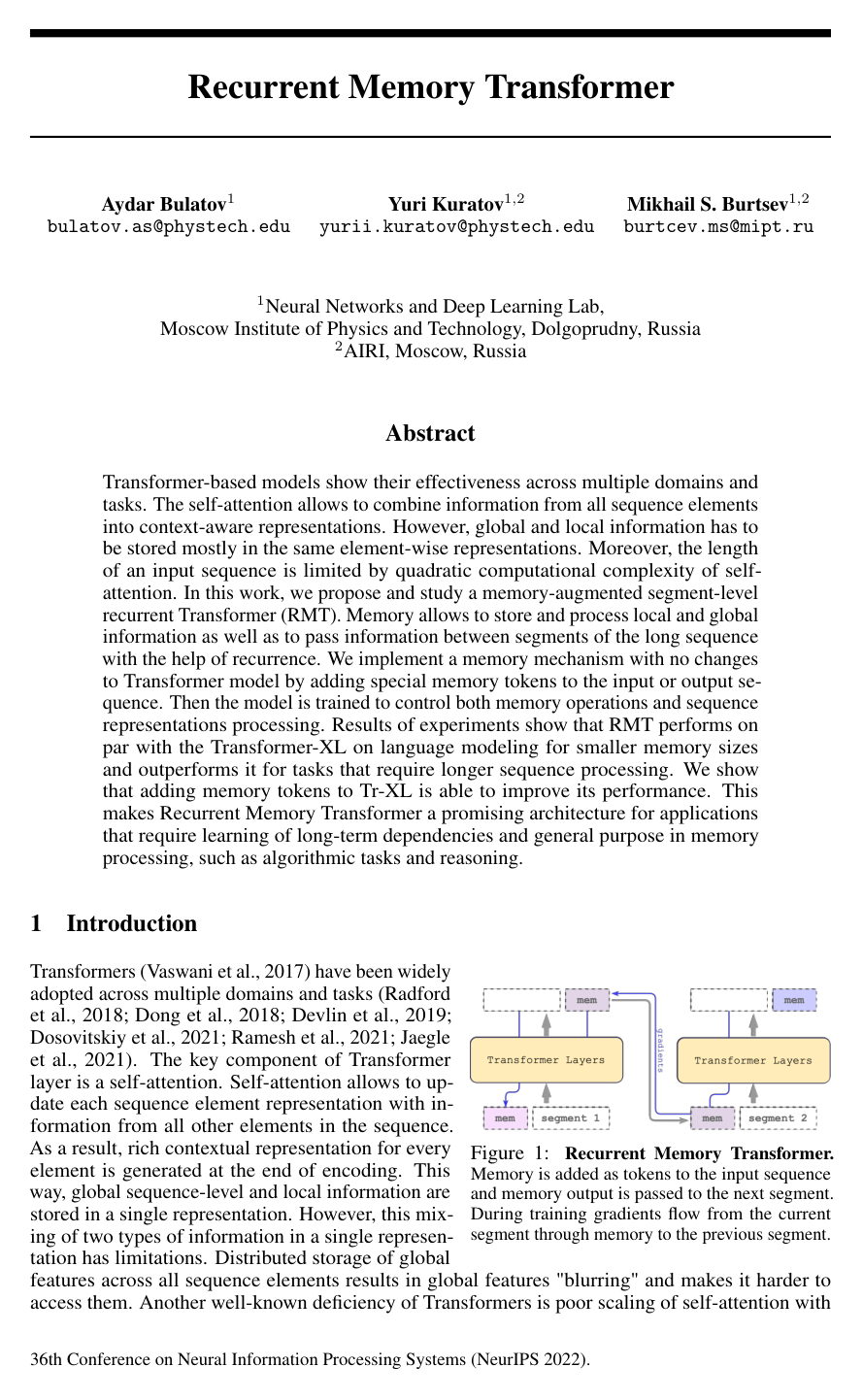 Recurrent Memory Transformer