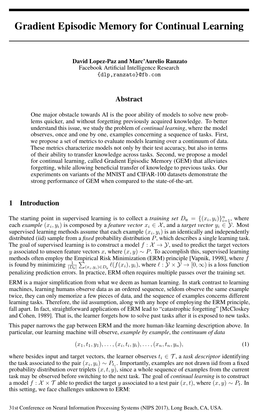 Gradient Episodic Memory for Continual Learning