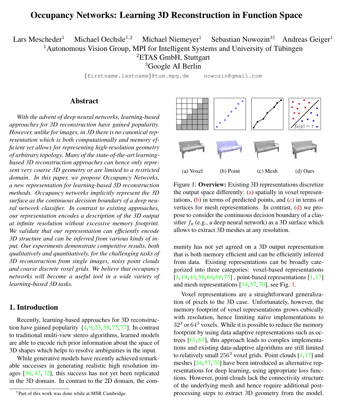 Occupancy Networks: Learning 3D Reconstruction in Function Space