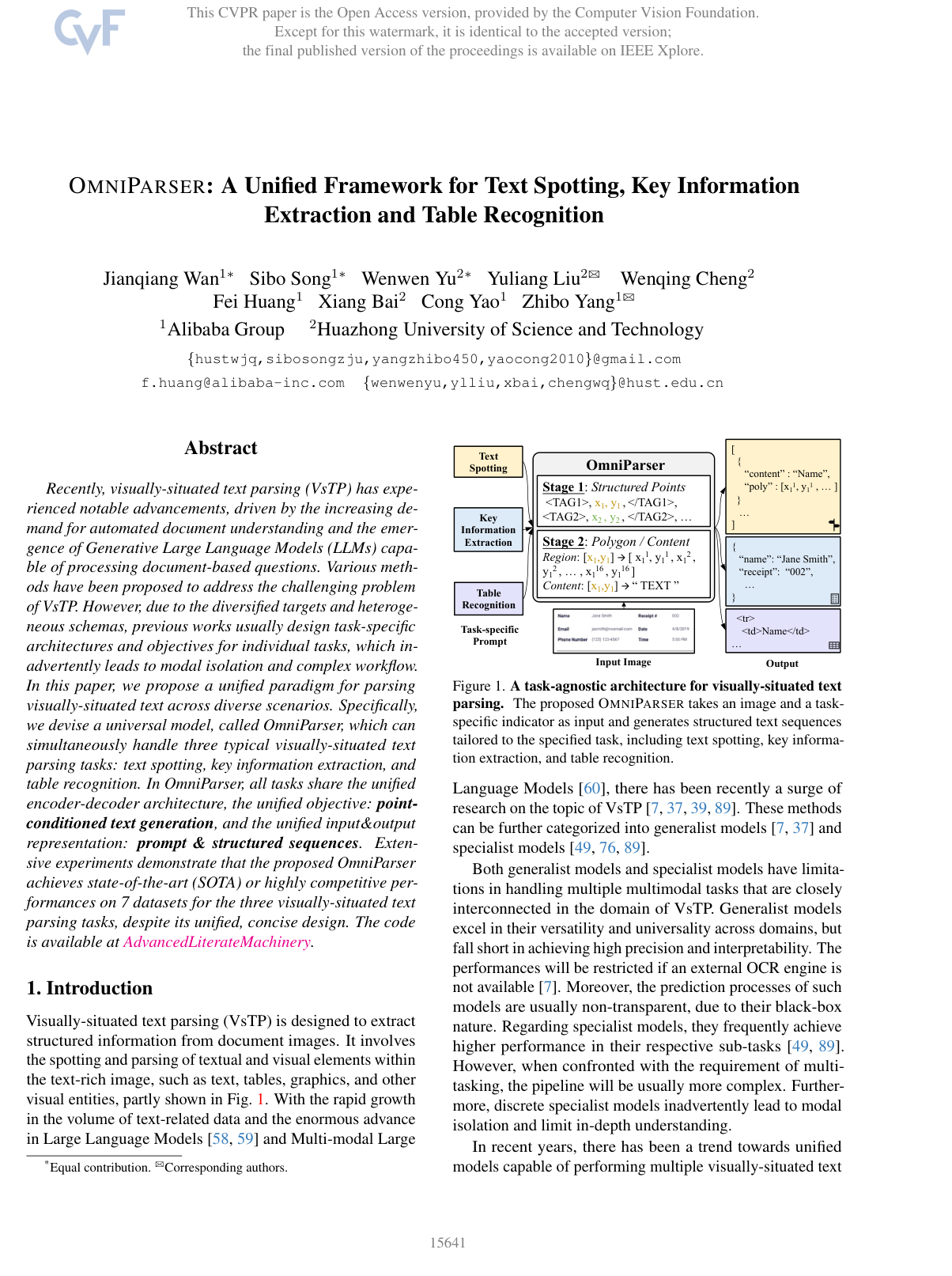 OMNIPARSER: A Unified Framework for Text Spotting, Key Information Extraction and Table Recognition
