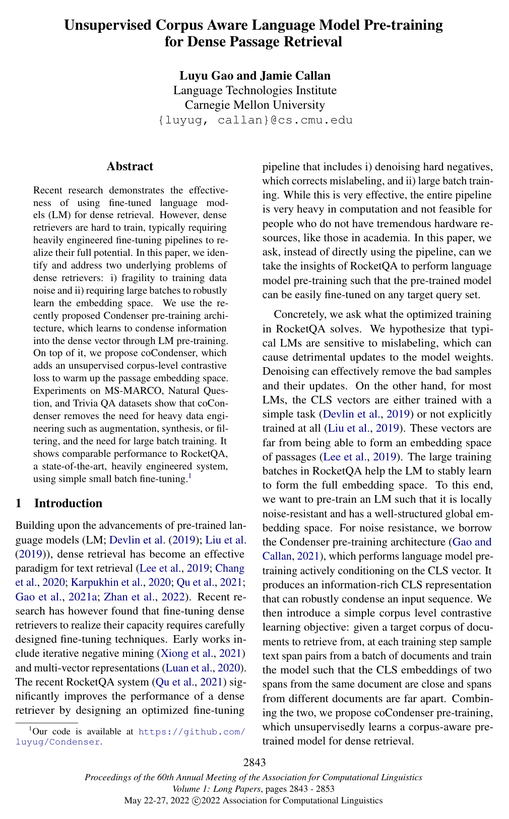 Unsupervised Corpus Aware Language Model Pre-training for Dense Passage Retrieval