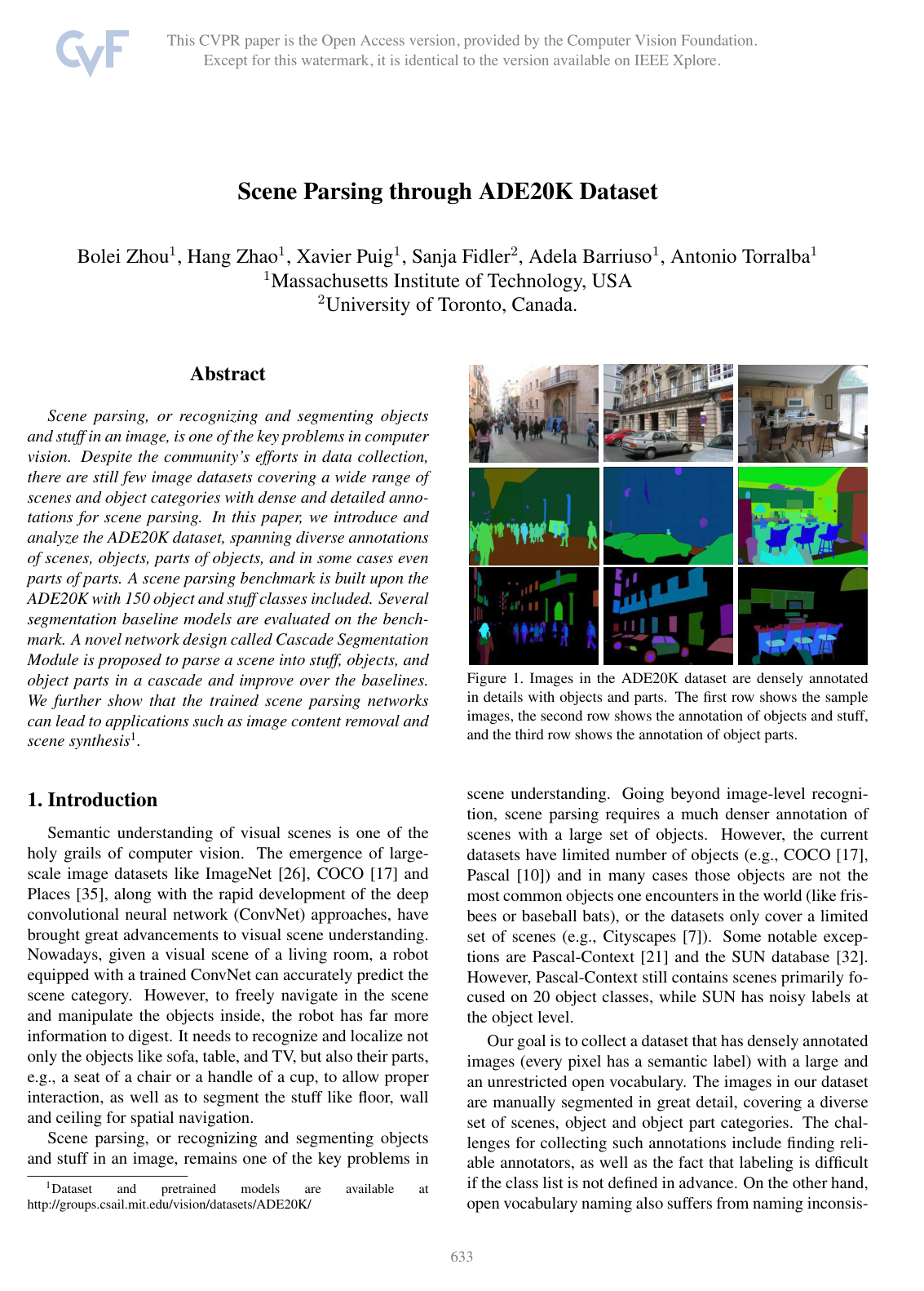 Scene Parsing through ADE20K Dataset