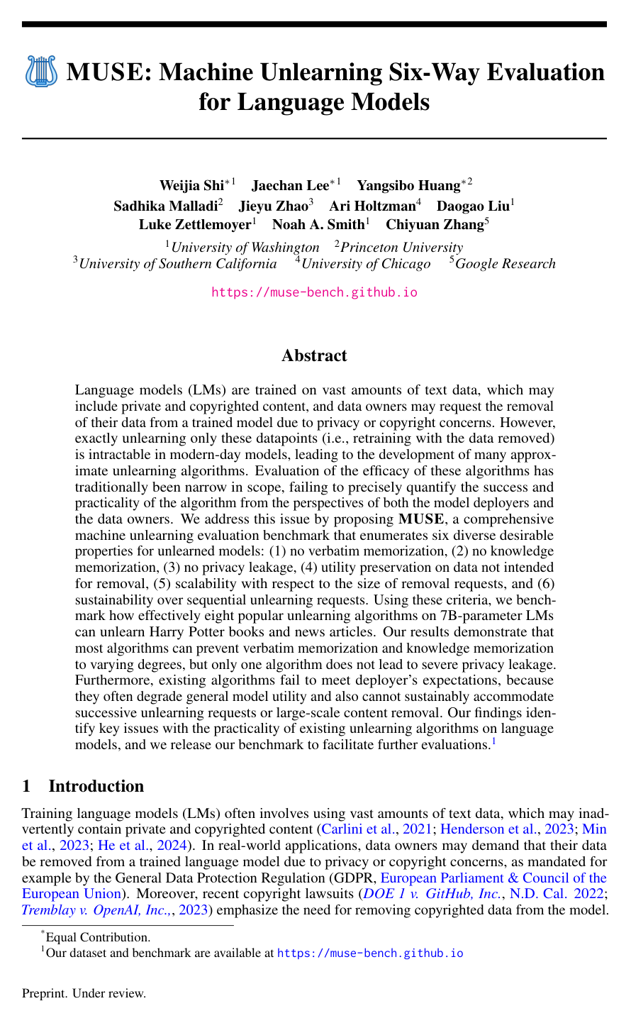 Cover for MUSE: Machine Unlearning Six-Way Evaluation for Language Models