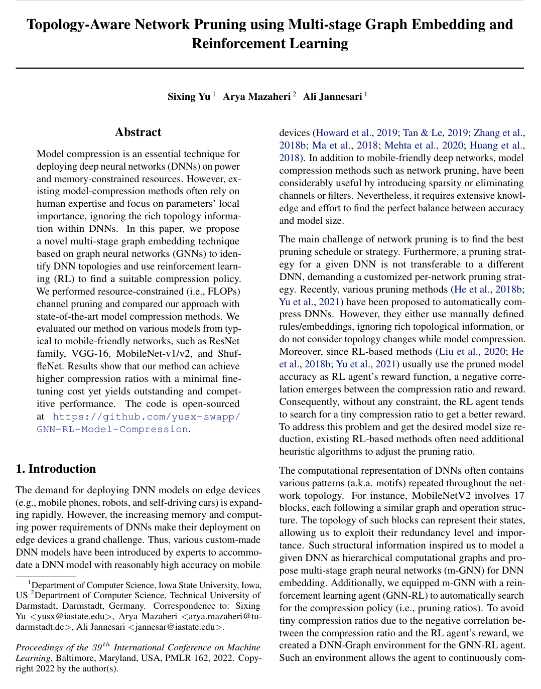 Topology-Aware Network Pruning using Multi-stage Graph Embedding and Reinforcement Learning