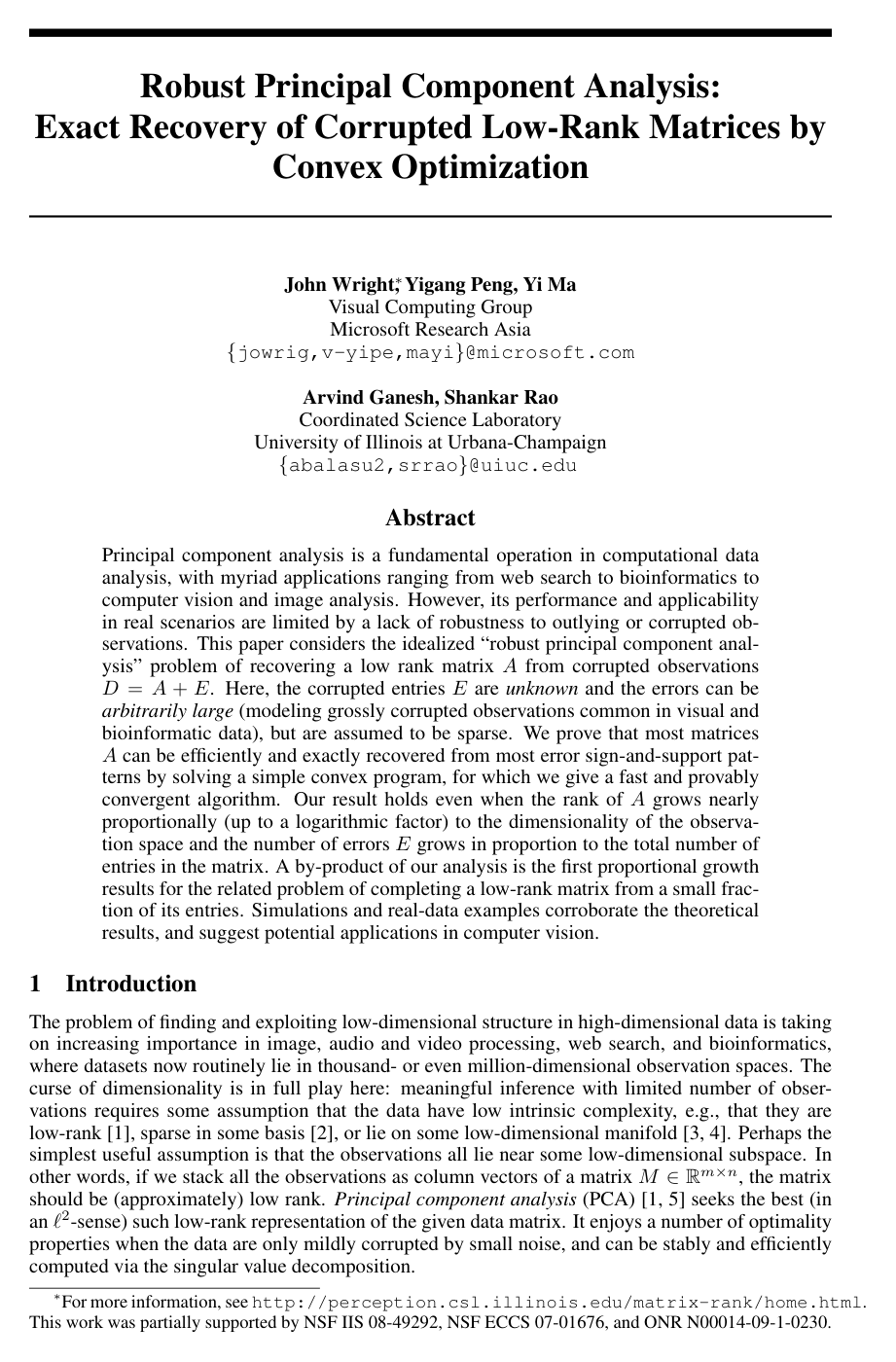 Cover for Robust Principal Component Analysis: Exact Recovery of Corrupted Low-Rank Matrices via Convex Optimization