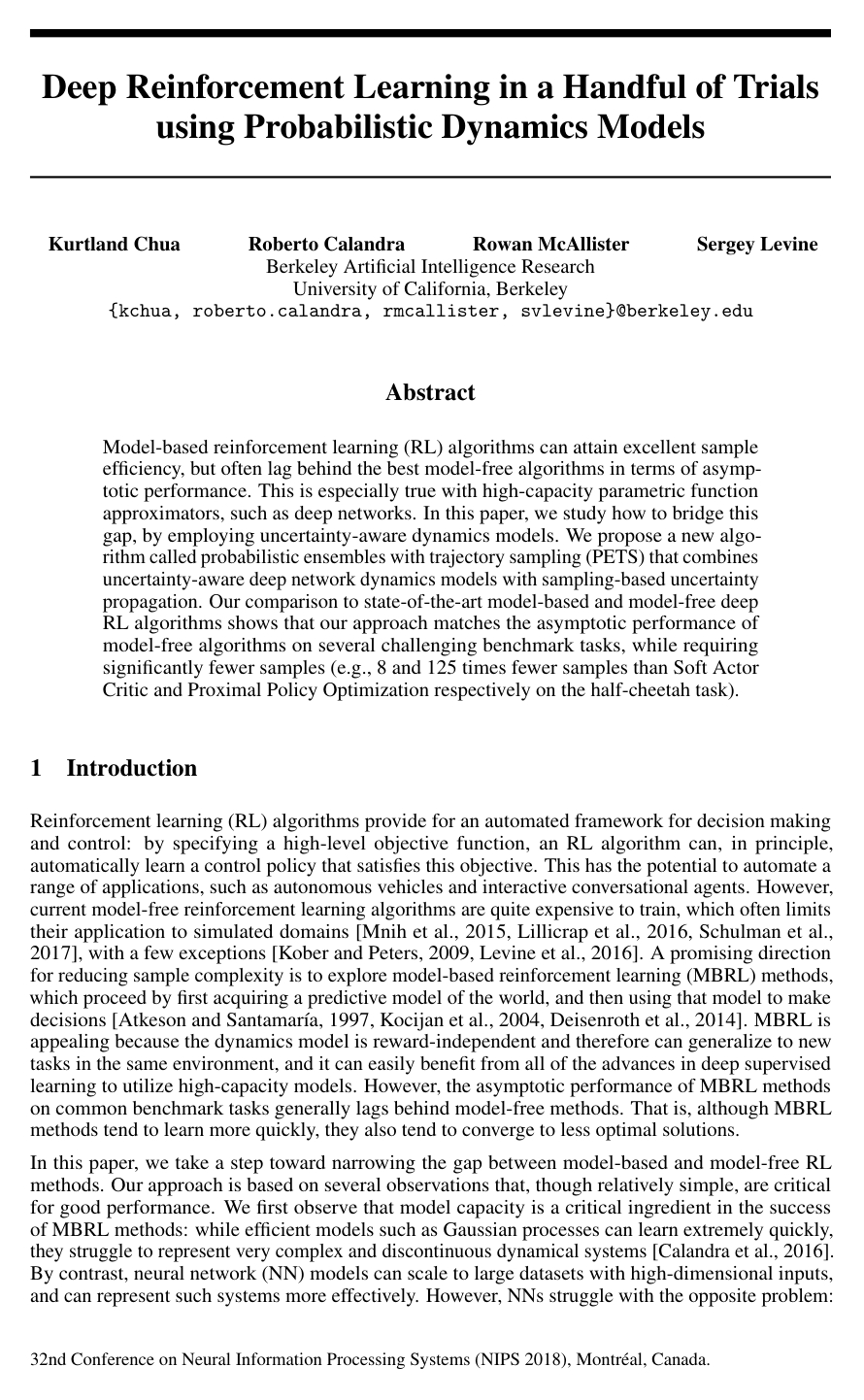 Deep Reinforcement Learning in a Handful of Trials using Probabilistic Dynamics Models